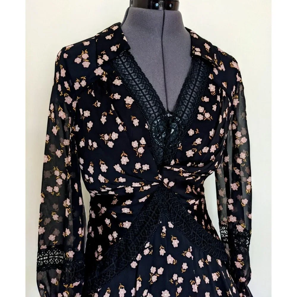 Self Portrait Twist Front Ditsy Mini Dress Floral Black Long Sleeve Size 8 BNWT - Picture 7 of 10